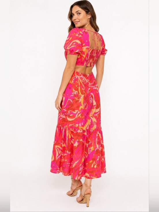 1. State Dresses & Skirts - 1. STATE Pink Abstract Print Open Back Midi Dress | Puff Sleeve Cotton | Medium